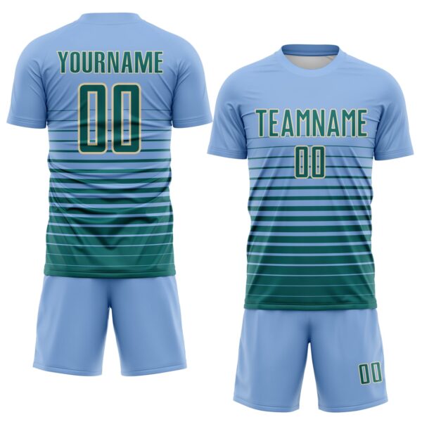 Custom Light Blue Teal-Cream Gradient Pinstripe Sublimation Soccer Uniform Jersey