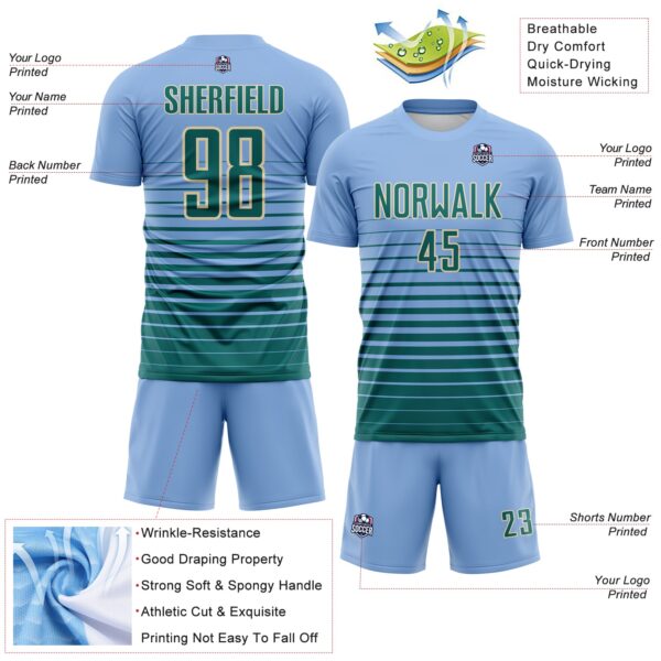 Custom Light Blue Teal-Cream Gradient Pinstripe Sublimation Soccer Uniform Jersey