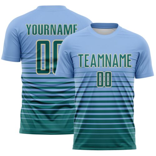 Custom Light Blue Teal-Cream Gradient Pinstripe Sublimation Soccer Uniform Jersey