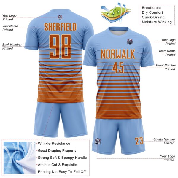 Custom Light Blue Bay Orange-Cream Gradient Pinstripe Sublimation Soccer Uniform Jersey