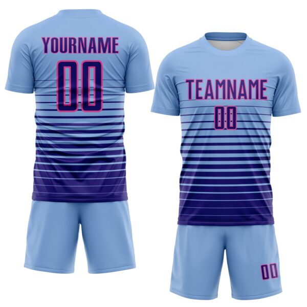 Custom Light Blue Dark Purple-Pink Gradient Pinstripe Sublimation Soccer Uniform Jersey