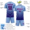 Custom Light Blue Dark Purple-Pink Gradient Pinstripe Sublimation Soccer Uniform Jersey
