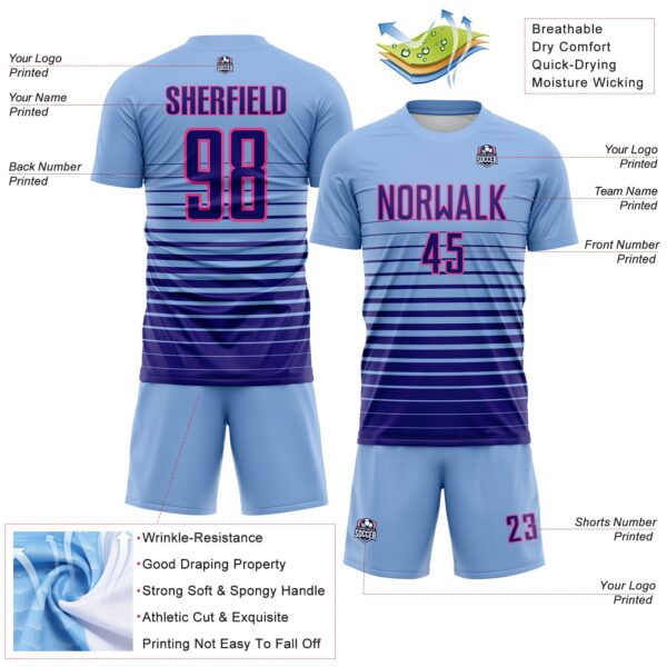 Custom Light Blue Dark Purple-Pink Gradient Pinstripe Sublimation Soccer Uniform Jersey