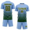 Custom Light Blue Green-Gold Gradient Pinstripe Sublimation Soccer Uniform Jersey