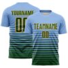 Custom Light Blue Green-Gold Gradient Pinstripe Sublimation Soccer Uniform Jersey
