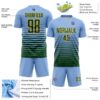 Custom Light Blue Green-Gold Gradient Pinstripe Sublimation Soccer Uniform Jersey