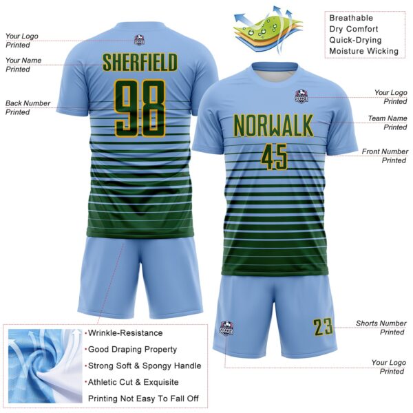 Custom Light Blue Green-Gold Gradient Pinstripe Sublimation Soccer Uniform Jersey