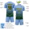 Custom Light Blue Green-Gold Gradient Pinstripe Sublimation Soccer Uniform Jersey