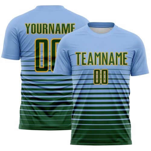 Custom Light Blue Green-Gold Gradient Pinstripe Sublimation Soccer Uniform Jersey