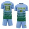 Custom Light Blue Kelly Green-Gold Gradient Pinstripe Sublimation Soccer Uniform Jersey