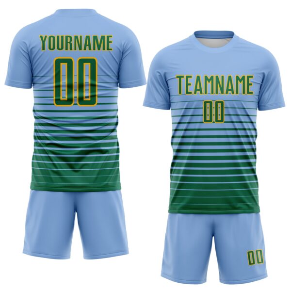 Custom Light Blue Kelly Green-Gold Gradient Pinstripe Sublimation Soccer Uniform Jersey