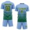 Custom Light Blue Kelly Green-Gold Gradient Pinstripe Sublimation Soccer Uniform Jersey