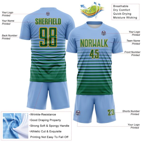 Custom Light Blue Kelly Green-Gold Gradient Pinstripe Sublimation Soccer Uniform Jersey
