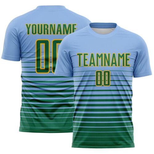 Soccer6820 Custom Light Blue Kelly Green-Gold Gradient Pinstripe Sublimation Soccer Uniform Jersey