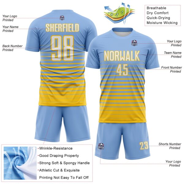 Custom Light Blue White-Yellow Gradient Pinstripe Sublimation Soccer Uniform Jersey