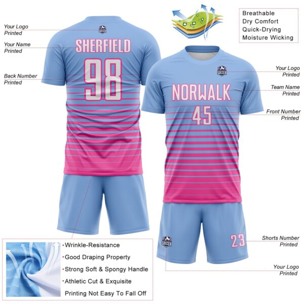 Custom Light Blue White-Pink Gradient Pinstripe Sublimation Soccer Uniform Jersey