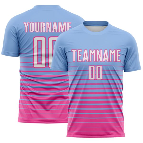 Custom Light Blue White-Pink Gradient Pinstripe Sublimation Soccer Uniform Jersey