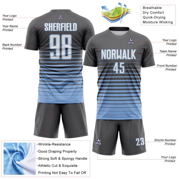 Custom Steel Gray White-Light Blue Gradient Pinstripe Sublimation Soccer Uniform Jersey