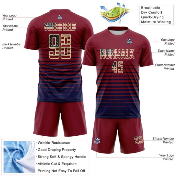 Custom Crimson Vintage USA Flag Cream-Navy Gradient Pinstripe Sublimation Soccer Uniform Jersey