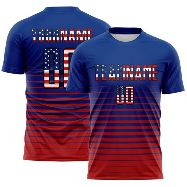 Custom Royal Vintage USA Flag Black-Red Gradient Pinstripe Sublimation Soccer Uniform Jersey