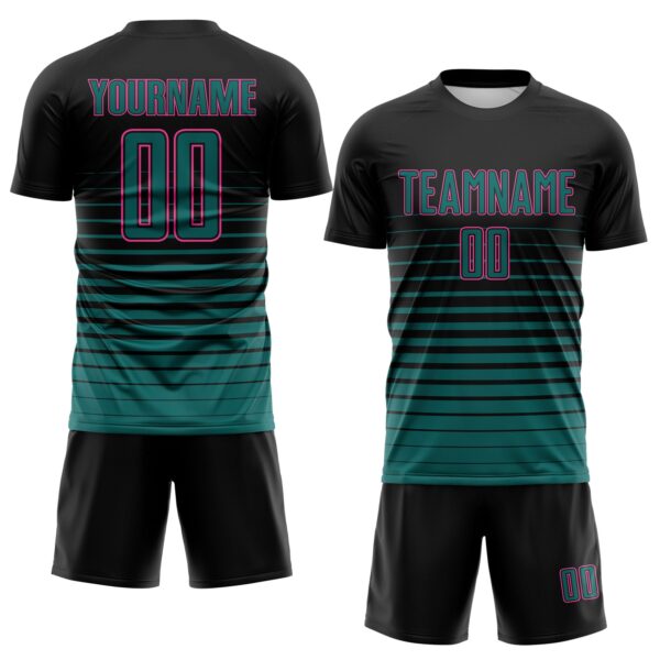 Custom Black Teal-Pink Gradient Pinstripe Sublimation Soccer Uniform Jersey
