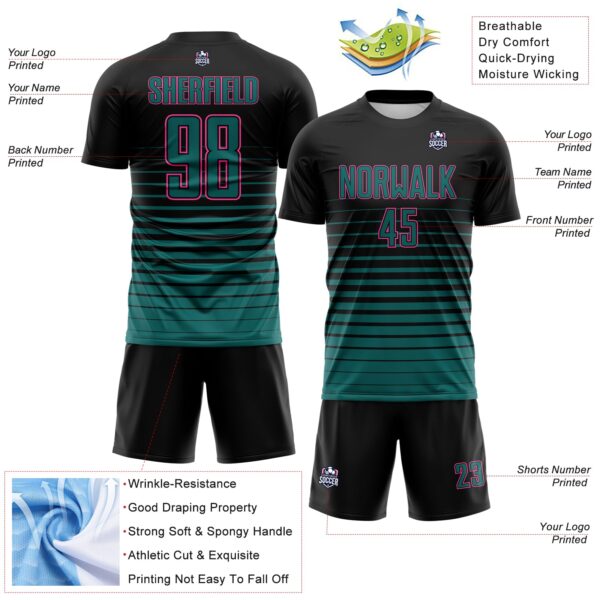 Custom Black Teal-Pink Gradient Pinstripe Sublimation Soccer Uniform Jersey