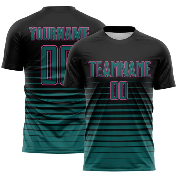 Custom Black Teal-Pink Gradient Pinstripe Sublimation Soccer Uniform Jersey