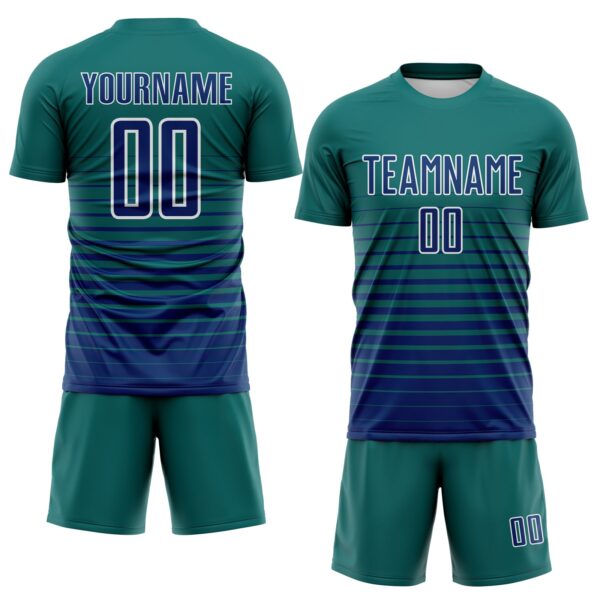Custom Teal US Navy Blue-White Gradient Pinstripe Sublimation Soccer Uniform Jersey