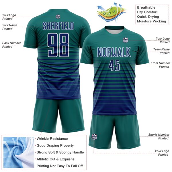 Custom Teal US Navy Blue-White Gradient Pinstripe Sublimation Soccer Uniform Jersey