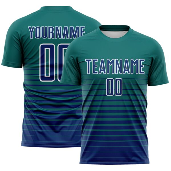 Custom Teal US Navy Blue-White Gradient Pinstripe Sublimation Soccer Uniform Jersey