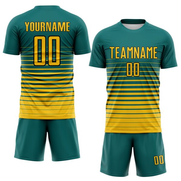 Custom Teal Yellow-Black Gradient Pinstripe Sublimation Soccer Uniform Jersey