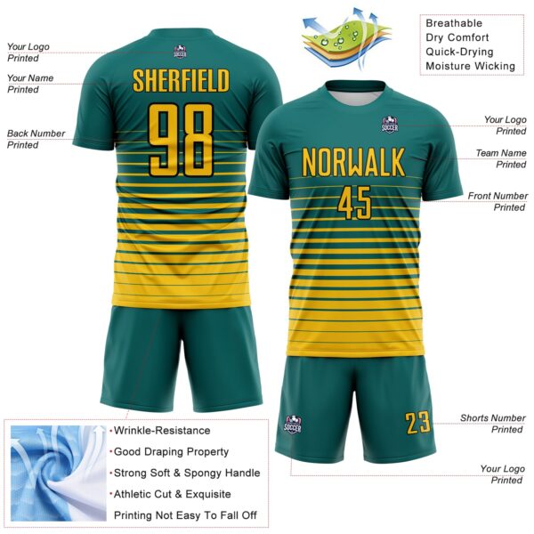 Custom Teal Yellow-Black Gradient Pinstripe Sublimation Soccer Uniform Jersey