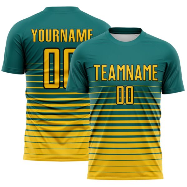 Custom Teal Yellow-Black Gradient Pinstripe Sublimation Soccer Uniform Jersey