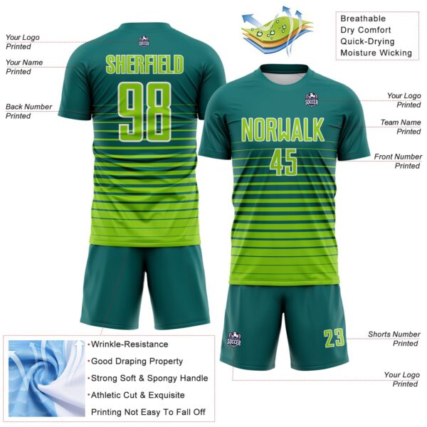 Custom Teal Neon Green-White Gradient Pinstripe Sublimation Soccer Uniform Jersey