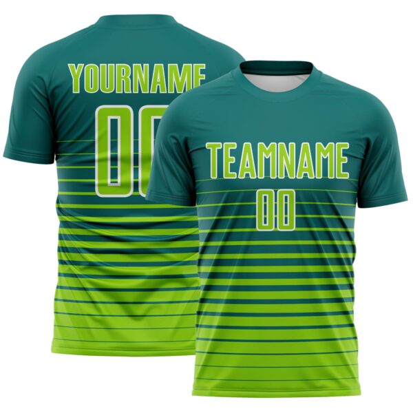 Custom Teal Neon Green-White Gradient Pinstripe Sublimation Soccer Uniform Jersey