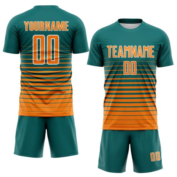 Custom Teal Bay Orange-White Gradient Pinstripe Sublimation Soccer Uniform Jersey
