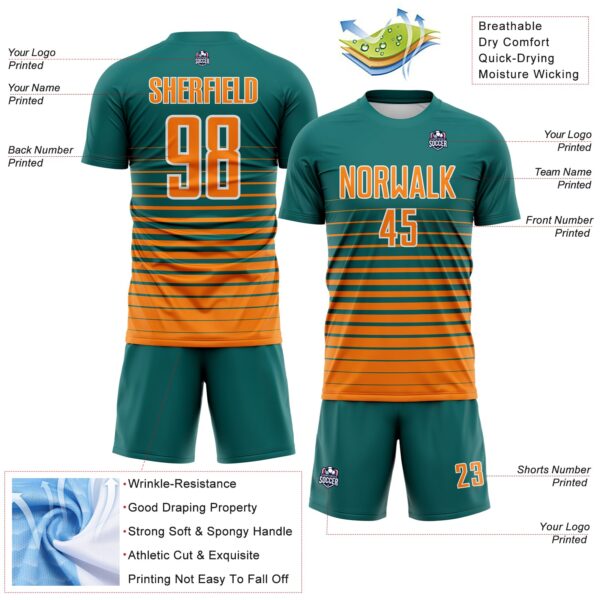 Custom Teal Bay Orange-White Gradient Pinstripe Sublimation Soccer Uniform Jersey