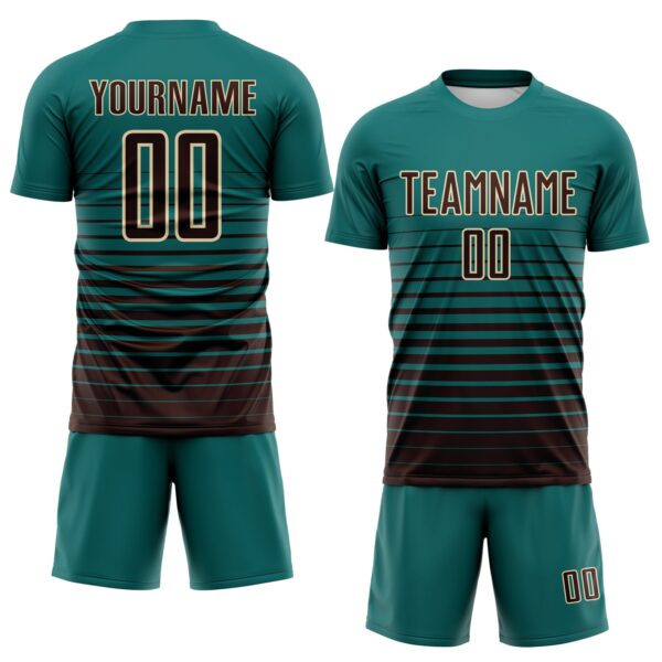 Custom Teal Brown-Cream Gradient Pinstripe Sublimation Soccer Uniform Jersey