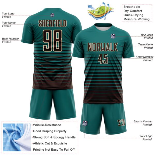 Custom Teal Brown-Cream Gradient Pinstripe Sublimation Soccer Uniform Jersey