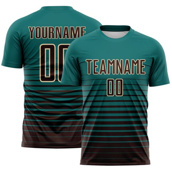 Custom Teal Brown-Cream Gradient Pinstripe Sublimation Soccer Uniform Jersey