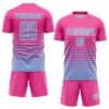 Custom Pink Light Blue-White Gradient Pinstripe Sublimation Soccer Uniform Jersey