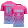 Custom Pink Light Blue-White Gradient Pinstripe Sublimation Soccer Uniform Jersey