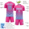 Custom Pink Light Blue-White Gradient Pinstripe Sublimation Soccer Uniform Jersey