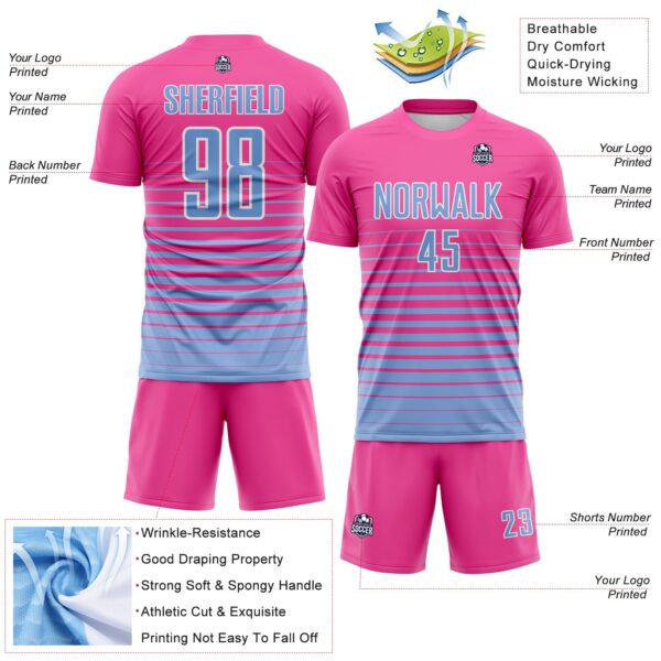 Custom Pink Light Blue-White Gradient Pinstripe Sublimation Soccer Uniform Jersey
