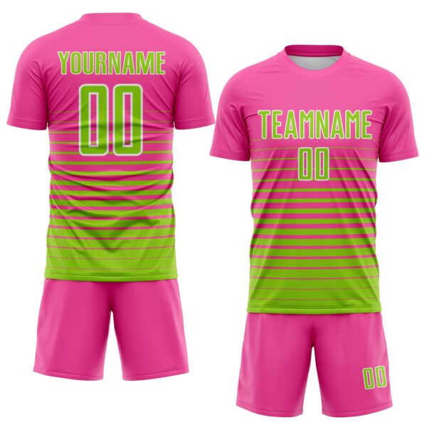 Custom Pink Neon Green-White Gradient Pinstripe Sublimation Soccer Uniform Jersey