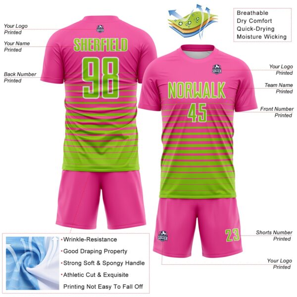 Custom Pink Neon Green-White Gradient Pinstripe Sublimation Soccer Uniform Jersey