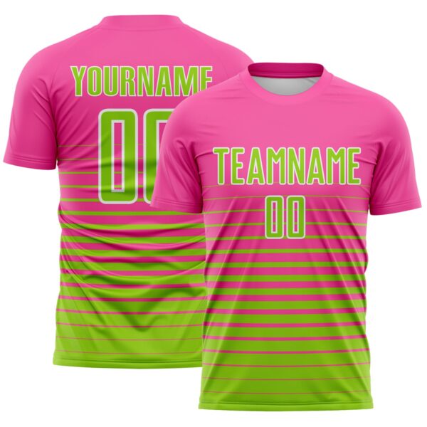 Custom Pink Neon Green-White Gradient Pinstripe Sublimation Soccer Uniform Jersey