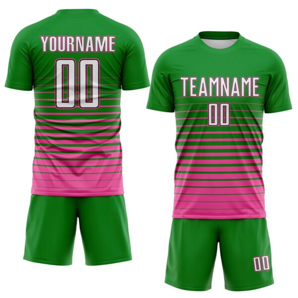 Custom Grass Green White Pink-Black Gradient Pinstripe Sublimation Soccer Uniform Jersey