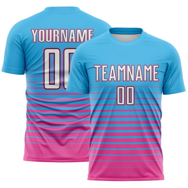 Custom Sky Blue White Pink-Black Gradient Pinstripe Sublimation Soccer Uniform Jersey