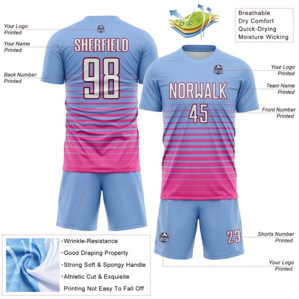 Custom Light Blue White Pink-Black Gradient Pinstripe Sublimation Soccer Uniform Jersey